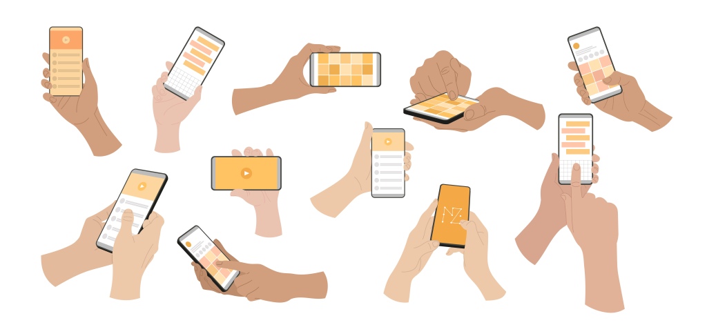 Ilustracion de manos usando aplicaciones en smartphones.